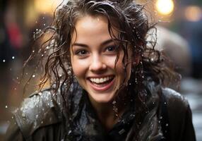 ai généré portrait de magnifique femme en dessous de lourd pluie. pluvieux temps. photo