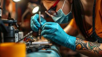 ai généré professionnel artiste fabrication tatouage conception sur femme s jambe dans une moderne tatouage studio photo