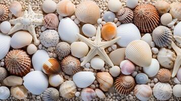 ai généré coquillages et étoile de mer sur sablonneux plage, Naturel texturé Contexte pour été Voyage conception photo