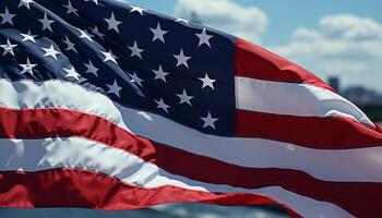 ai généré fier américain drapeau agitant sur indépendance jour, 100 original tirer avec vibrant patriotisme photo