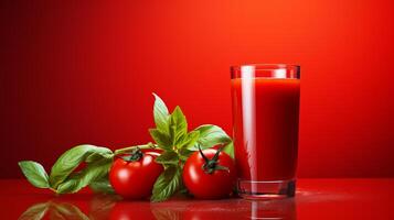 ai généré tomate jus dans verre sur en bois table avec rouge arrière-plan, parfait pour une rafraîchissant boisson photo