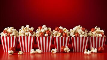 ai généré rayé pop corn boîte sur rouge pente Contexte avec ample vide espace pour copie conception photo