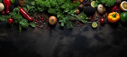 ai généré coloré vert salade avec légumes, graines, et olive pétrole sur noir dessus de pierre vue avec texte espace. photo