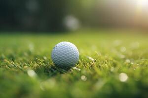 ai généré fermer le golf Balle avec floue vert Contexte - idéal pour des sports et le golf la photographie photo