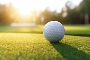 ai généré fermer le golf Balle sur tee avec serein vert bokeh arrière-plan, parfait coup sur le le golf cours photo