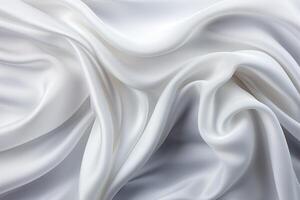 ai généré fermer de élégant froissé blanc soie en tissu tissu Contexte avec luxueux texture photo