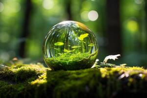 ai généré Terre journée. vert globe symbolisant environnement dans moussu forêt avec défocalisé abstrait lumière du soleil photo