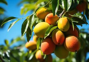 ai généré mûr et juteux mangues pendaison sur arbre avec bleu ciel. en bonne santé aliments. photo