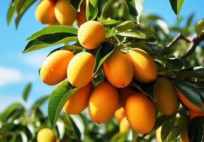 ai généré mûr et juteux mangues pendaison sur arbre avec bleu ciel. en bonne santé aliments. photo