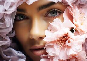 ai généré femme entouré par fleurs. sérénité et tranquillité. femme journée. tradition et culture photo