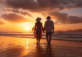 ai généré couple en marchant main dans main sur le plage à le coucher du soleil photo