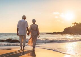 ai généré couple en marchant main dans main sur le plage à le coucher du soleil photo