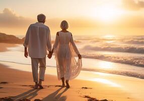 ai généré couple en marchant main dans main sur le plage à le coucher du soleil photo