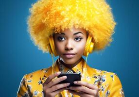 ai généré excentrique content femme avec afro cheveux et écouteurs. mode de vie concept photo