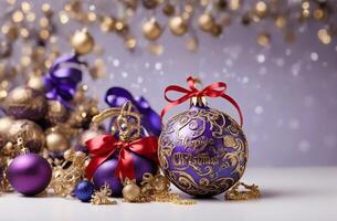 ai généré Noël temps luxe d'or violet bleu babiole sur Noël Contexte photo