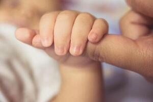 le mains de le mère tenir le de bébé main avec l'amour et bienveillance. photo