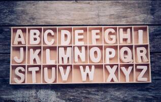 Anglais des lettres sont mis dans une en bois boîte dans alphabétique commande. photo