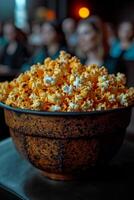 ai généré pop corn des stands dans le cinéma avant le dépistage de le film. nourriture à le cinéma photo