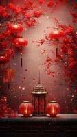 ai généré ai généré chinois lunaire Nouveau année Contexte conception concept avec lanterne et de fête décoration. photo