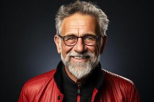 ai généré portrait de un personnes âgées homme souriant, portant des lunettes avec une gris barbe et cheveux. photo