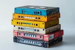 ai généré collection de ancien cassette bandes dans divers couleurs sur une lumière Contexte. concept de rétro musique, ancien collection, nostalgique technologie, l'audio médias. photo