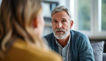 ai généré mature homme fournit soutien dans psychothérapie, douleur perte acceptation image photo