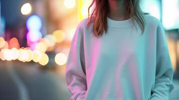 ai généré femme portant une nettoyer blanc sweat-shirt. sur une lumière flou Contexte. en plein air. sweat-shirt maquette. concept de Urbain mode, rue style, modèle pour conception. photo