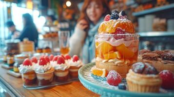 ai généré assorti coloré est desserts à une café comptoir. concept de dessert variété, café traite, confiserie afficher, et sucré indulgence. est bonbons photo