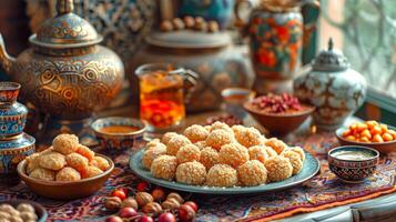 ai généré traditionnel Oriental bonbons et fleuri poterie sur un brodé nappe de table. concept de culturel dessert diffuser, artisan poterie afficher, milieu est confiserie, et ornemental photo