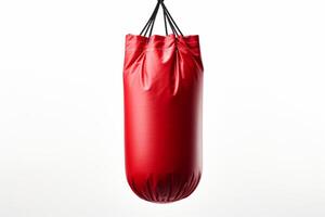 ai généré rouge perforation sac pendaison isolé sur blanc Contexte. concept de aptitude équipement, boxe faire des exercices accessoires, des sports équipement et Gym équipement. photo