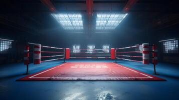 ai généré vide allumé boxe bague dans une sombre, spacieux arène. atmosphère est intense et anticipatif. concept de boxe allumettes, formation des séances, des sports événements, concours, combat sport. photo