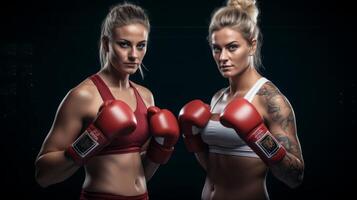 ai généré deux femelle boxeurs dans tenue de sport et boxe gants, sérieux et prêt. concept de femelle force, travail en équipe, et préparation dans des sports. photo