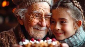 ai généré grand-père avec des lunettes partage joyeux moment avec le sien petite fille plus de dessert. concept de chéri famille des moments, intergénérationnel connexion, partagé douceur, photo