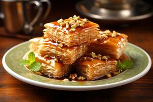 ai généré sucré Baklava dessert avec mon chéri glaçage et écrou garnir sur un élégant plaque. concept de méditerranéen dessert, sucré Pâtisserie indulgence, miellé écrou Baklava, et traditionnel gourmet traiter photo