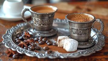 ai généré traditionnel turc délice ou Lokum et café dans métal traditionnel fleuri tasses photo