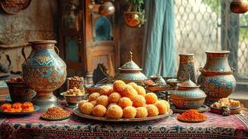 ai généré traditionnel Oriental bonbons et fleuri poterie sur un brodé nappe de table. concept de culturel dessert diffuser, artisan poterie afficher, milieu est confiserie photo