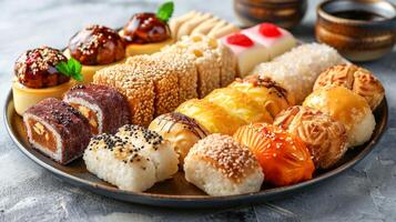 ai généré assorti traditionnel est desserts, avec une variété de les saveurs et garnitures. concept de asiatique dessert variété, assorti Pâtisserie sélection, sucré traiter présentation photo