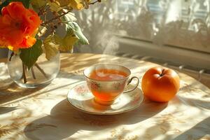 ai généré paisible Matin paramètre, avec une mûr kaki suivant à une fumant tasse de thé. concepts de matin, rafraîchissement, et en bonne santé vivant photo