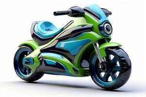 ai généré futuriste vert bleu jouet moto isolé sur une blanc Contexte. concept de des gamins amical jouets, sur le thème des transports jouets, espiègle moderne conceptions, et brillant couleurs. photo