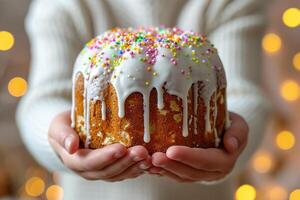 ai généré enfant en portant dans mains Pâques gâteau kulich décoré avec blanc égouttage glaçage et coloré arrose. flou Contexte. idéal pour boulangerie les publicités, vacances Pâques contenu ou recette blogs photo