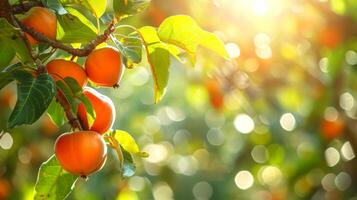ai généré mûr kakis pendaison de le arbre. vibrant Orange Couleur de le fruit contre le vert feuilles, avec lumière du soleil. concepts de beauté de nature, Frais fruit, en bonne santé collation, Naturel aliments. photo