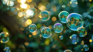 ai généré fermer de réfléchissant savon bulles parmi feuilles, avec une chaud bokeh Contexte. convoyer légèreté et merveille. photo