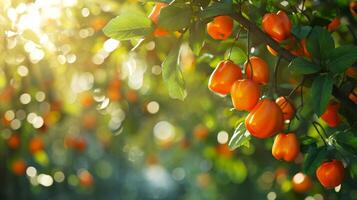 ai généré mûr kakis pendaison de le arbre. vibrant Orange Couleur de le fruit contre le vert feuilles, avec lumière du soleil. concepts de beauté de nature, Frais fruit, en bonne santé collation, Naturel aliments. photo