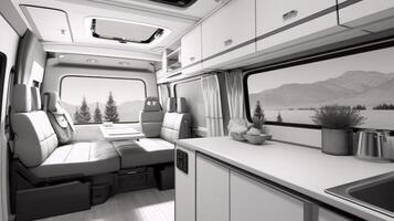 ai généré moderne campeur van intérieur avec une confortable intérieur. concept de mobile vie, aventure voyage, route voyages, et connecté à la nature modes de vie. noir et blanche. photo