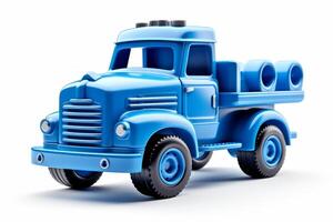 ai généré bleu jouet un camion isolé sur une blanc Contexte. côté voir. caricatural fantastique enfants auto. concept de des gamins jouets, espiègle conceptions, sur le thème des transports jouets, et brillant couleurs photo