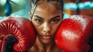 ai généré femelle boxeur avec une déterminé regard, rouge boxe gants sur, concentré et prêt. concept de boxe, force, femelle responsabilisation dans des sports, et athlétique se concentrer. photo