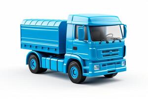 ai généré bleu jouet un camion isolé sur une blanc Contexte. côté voir. caricatural fantastique enfants auto. concept de des gamins jouets, espiègle conceptions, sur le thème des transports jouets, et brillant couleurs photo