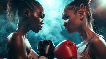 ai généré deux africain américain femelle boxeurs dans proche affrontement. intense pré-combat regard vers le bas entre les athlètes, prêt à boîte. concept de anticipation, la diversité dans des sports, psychologique photo