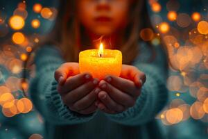 ai généré enfant en portant dans mains embrasé bougie avec flou bokeh Contexte. magique atmosphère. idéal pour vacances thèmes, Pâques célébrations, religieux, spirituel contenu, ou bougie sécurité photo