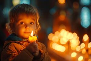 ai généré enfant en portant allumé bougie avec admiration dans yeux, dans une église. lumière moulage une doux lueur sur le sien affronter. avec copie espace. adapté pour Pâques de fête célébrations, religieux un événement programmes photo